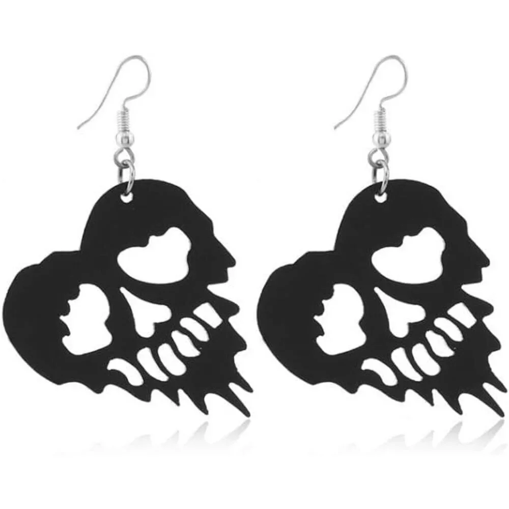 Women's Heart Skull Zinc Halloween Theme Acrylic Skull, Spider & Bat Earrings